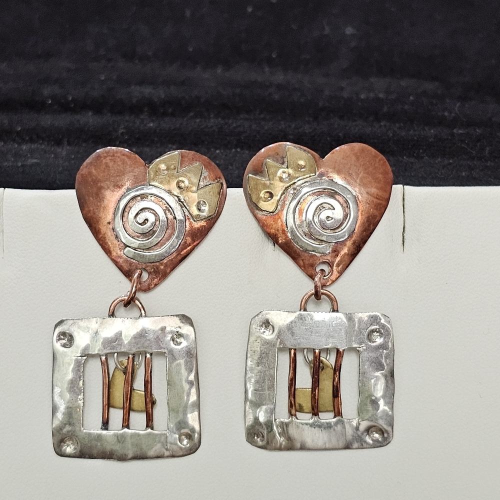 BOLIN “Caged Heart” Mixed Metal Earrings 925 Rare Artisan